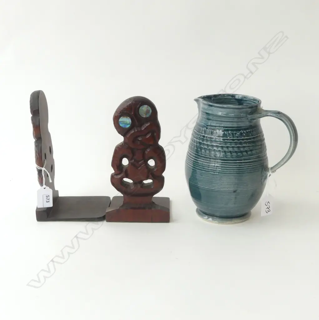 PR CARVED WOODEN TIKI BOOKENDS H.205mm + PAUL WALSHE POTTERY JUG H.200mm Image 1++