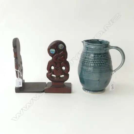 PR CARVED WOODEN TIKI BOOKENDS H.205mm + PAUL WALSHE POTTERY JUG H.200mm