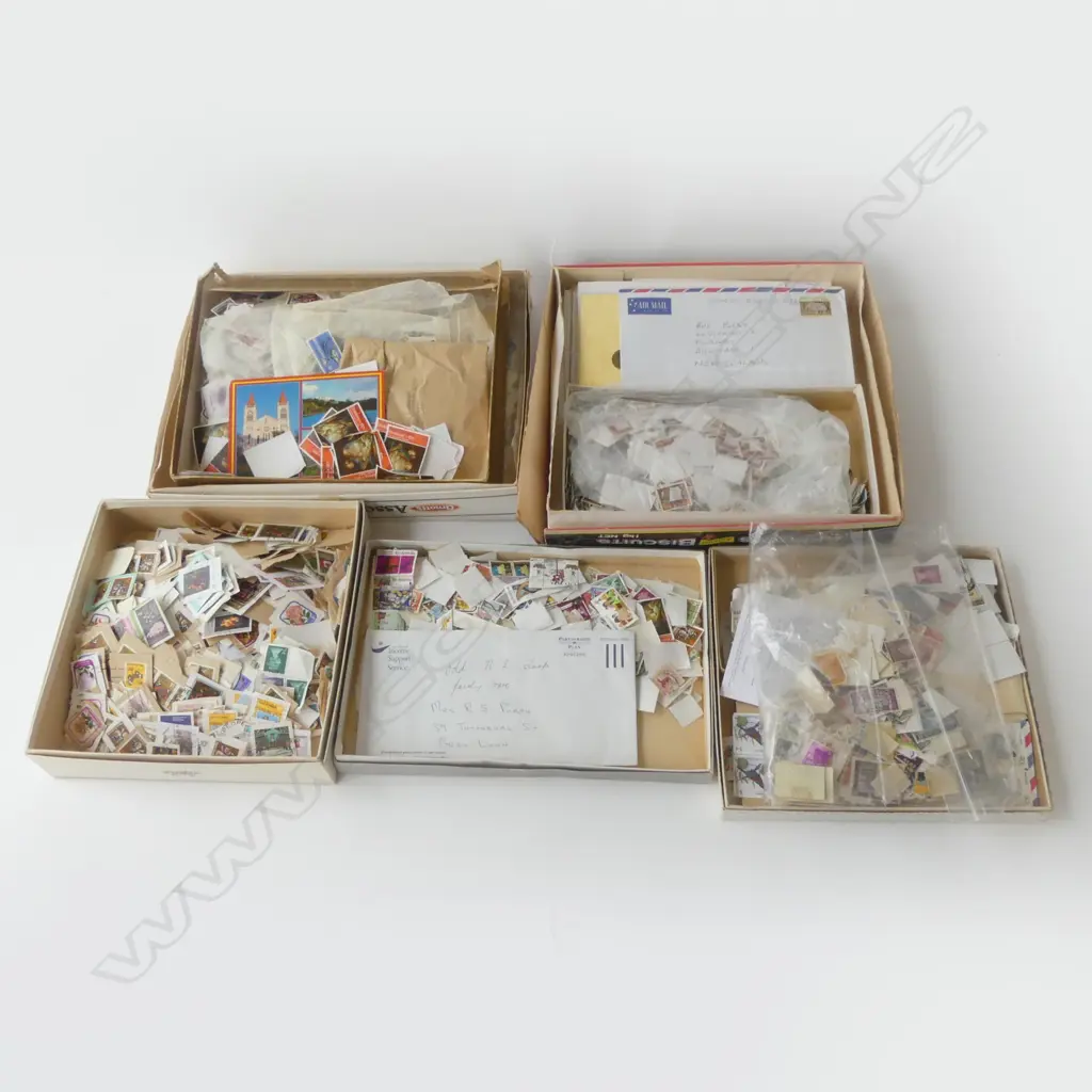 5 BOXES LOOSE STAMPS ETC Image 1++
