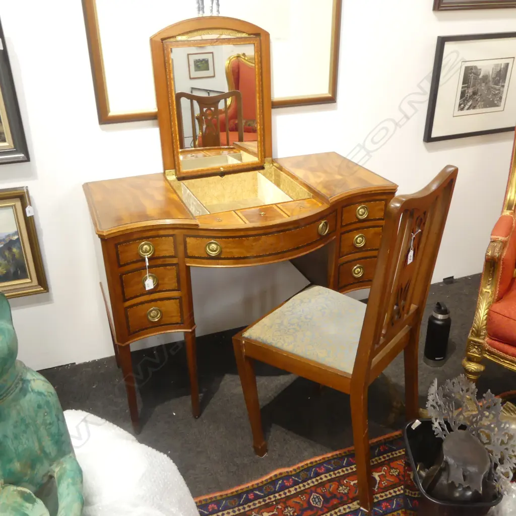 INLAID SHERTON STYLE DRESSING TABLE & CHAIR front legs require gluing  1020x560x800mm Image 1++