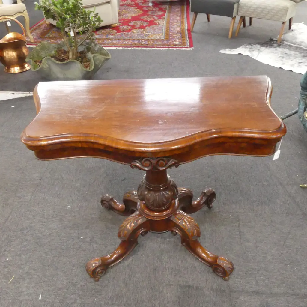 VICTORIAN MAHOGANY CARD TABLE ORNATE CARVED BASE Image 1++