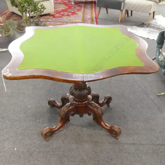 VICTORIAN MAHOGANY CARD TABLE ORNATE CARVED BASE