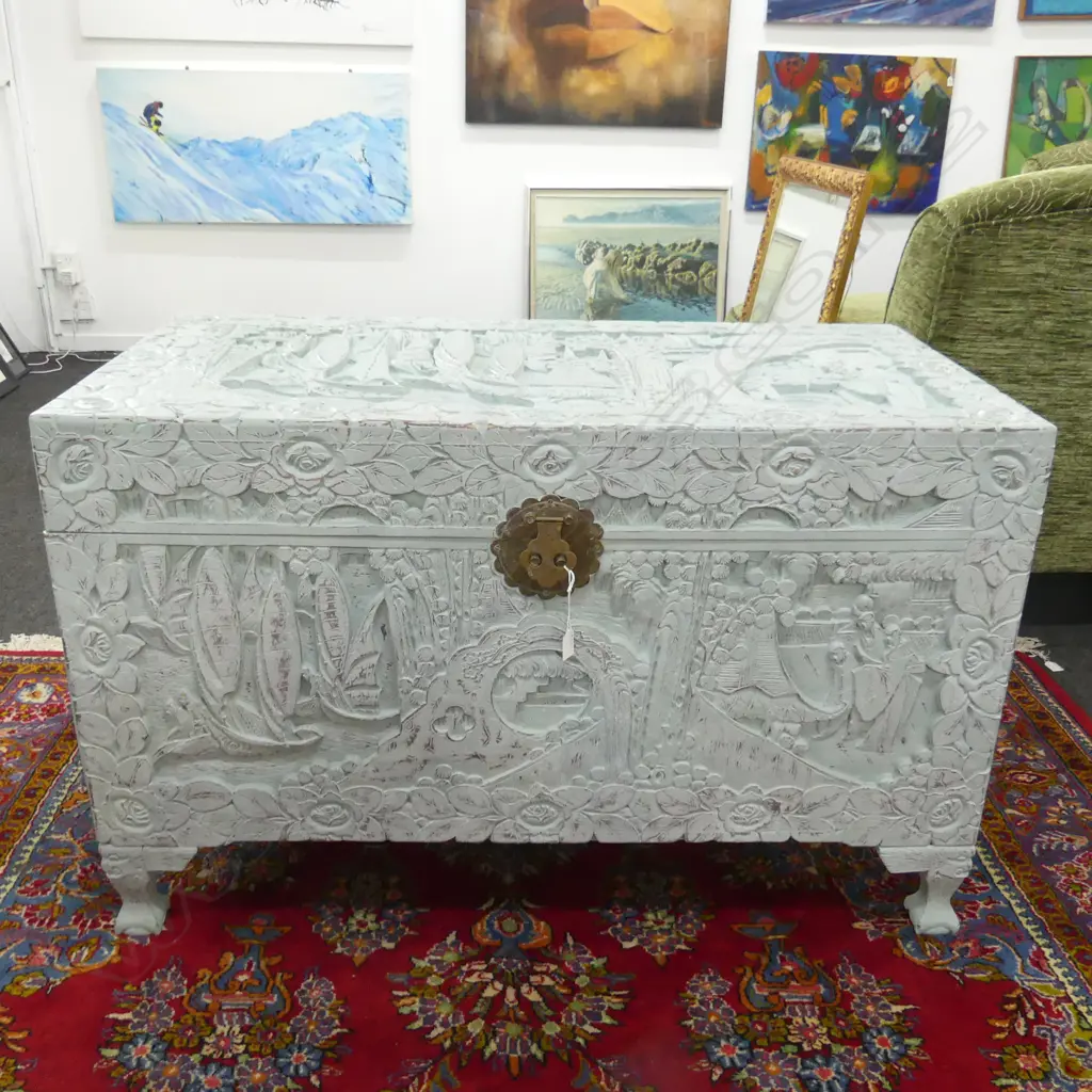 CHALK PAINTED CARVED CAMPHOR CHEST 1120x560x705mm Image 1++