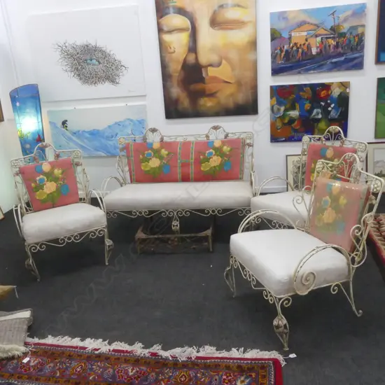 VINTAGE FRENCH METAL FRAMED PATIO SET; SOFA W.1400mm + 3 ARMCHAIRS & LOW TABLE FRAME FAULTS