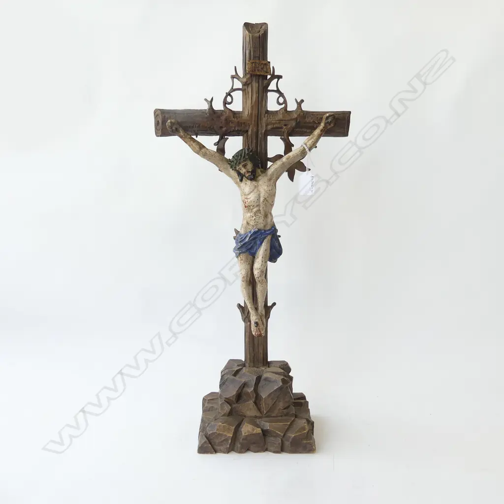 VINTAGE CARVED WOODEN CRUCIFIX w. PAINTED CAST IRON JESUS H670MM Image 1++
