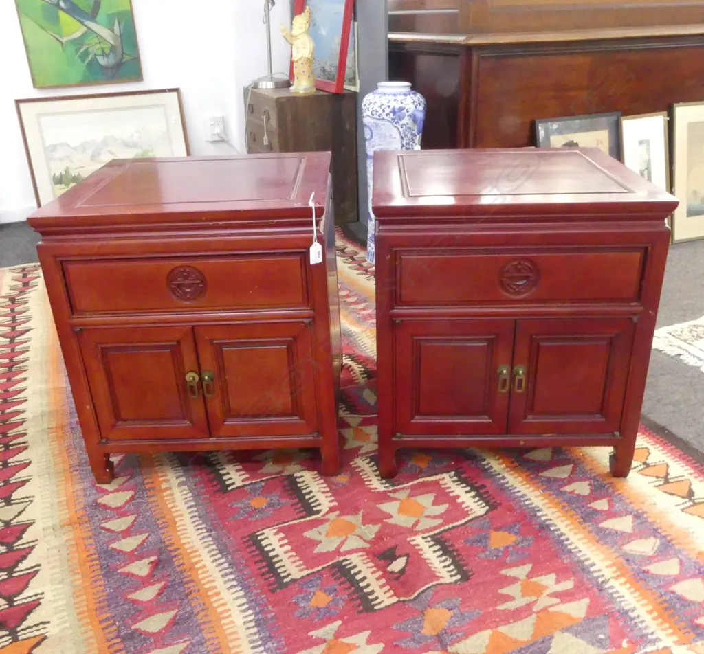 PR RED STAINED ORIENTAL BEDSIDE CABINETS 505x505x555mm Image 1++