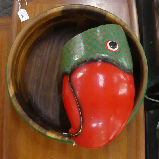 CARVED WOODEN PARROT HEAD & BOWL 325mm