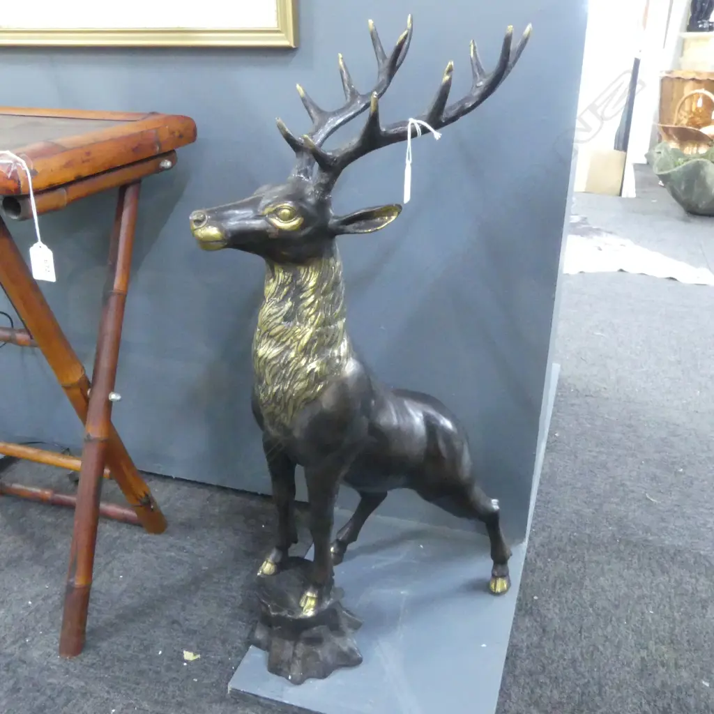 LARGE BRONZE STAG DEER front legs raised on tree trunk stump H.700mm  Image 1++
