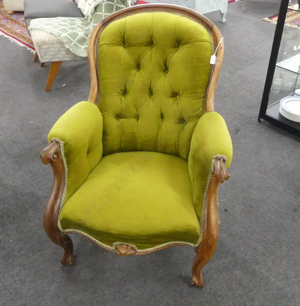 VICTORIAN ARMCHAIR; GREEN VELVET UPHOLSTERY Image 1++