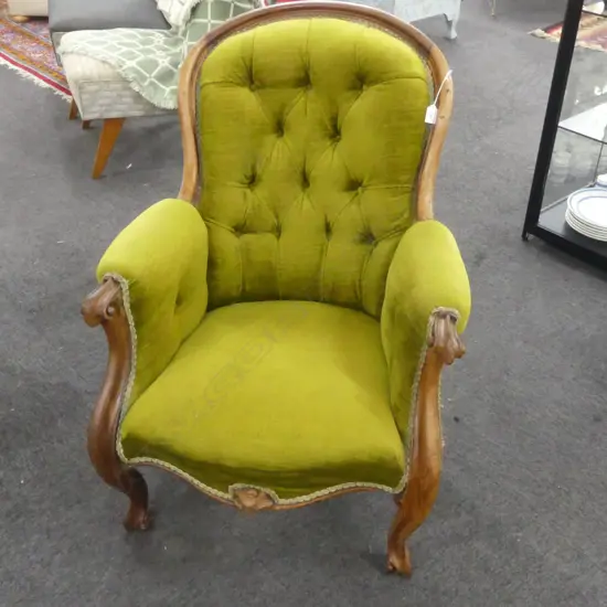 VICTORIAN ARMCHAIR; GREEN VELVET UPHOLSTERY