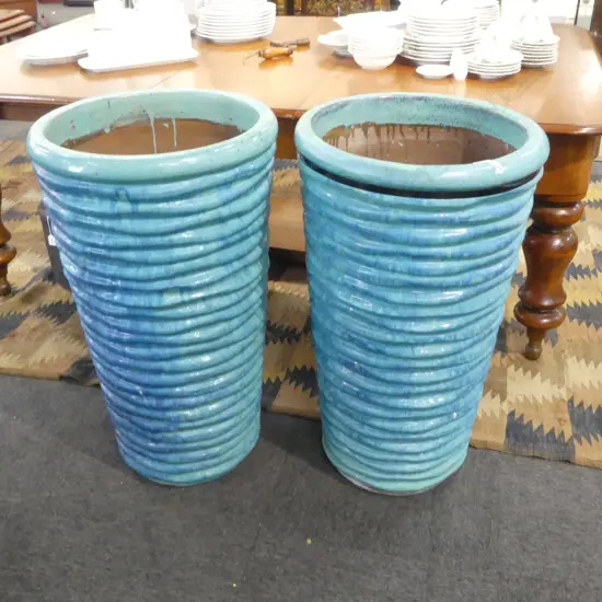 PR LG BLUE GLAZED PLANTER POTS H.815mm, 475mm dia 1 REPAIRED
