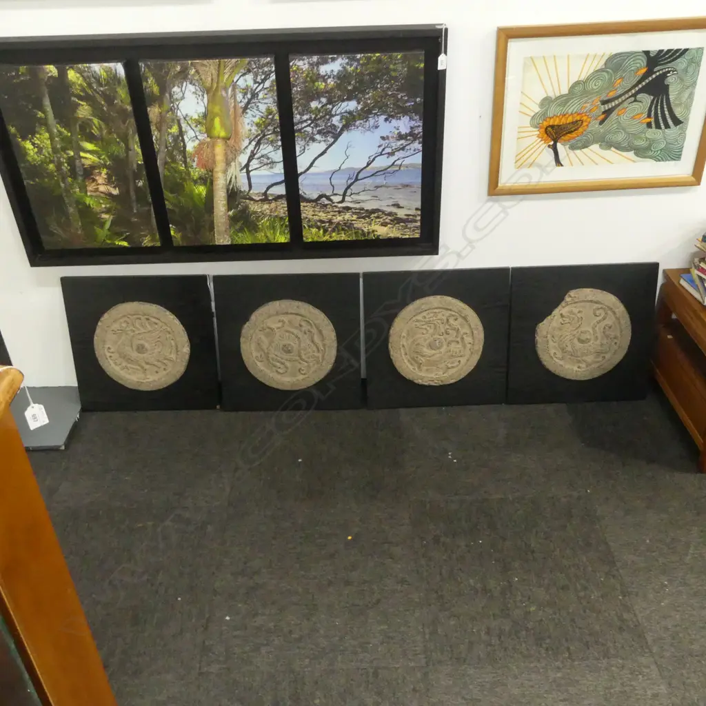 SET OF 4 POTTERY DISK ARTWORKS ON EBONISED BOARDS 450x450mm  Image 1++