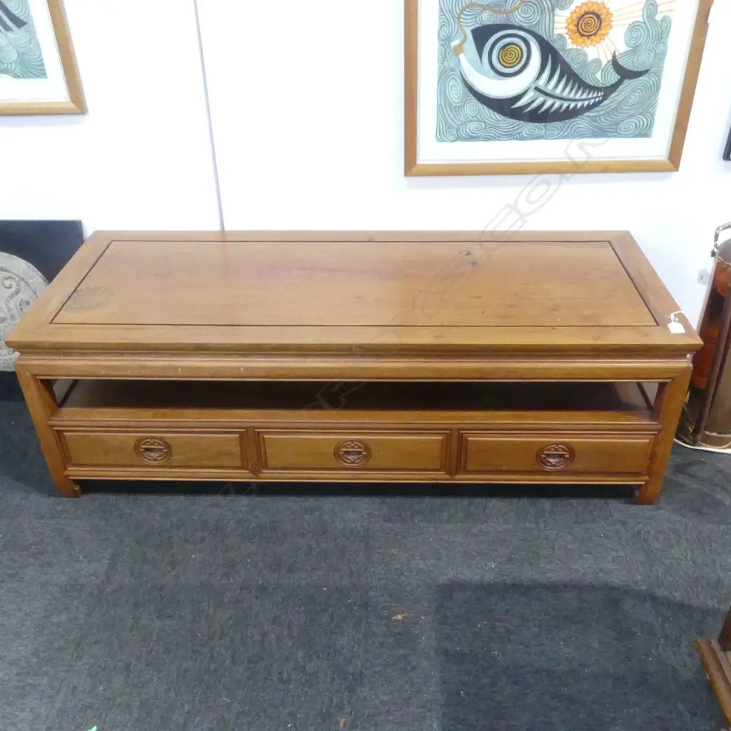 VINTAGE CHINESE ROSEWOOD LOW TABLE floating panelled top aboove 3 frieze drawers 1270 x 505 x 405mm Image 1++