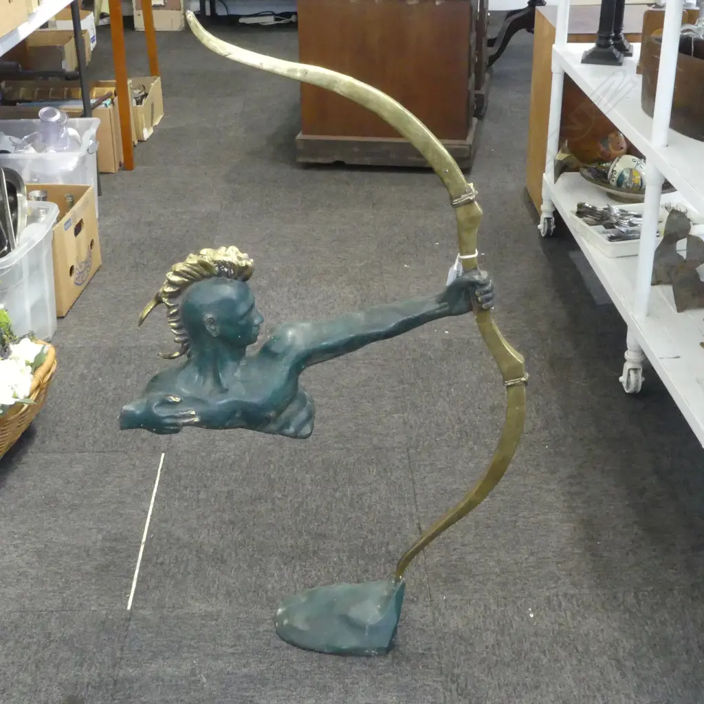 LARGE BRONZE INDIAN MOHAWK WARRIOR/ARCHER BUST WITH BOW STRETCHED H.975mm Image 1++