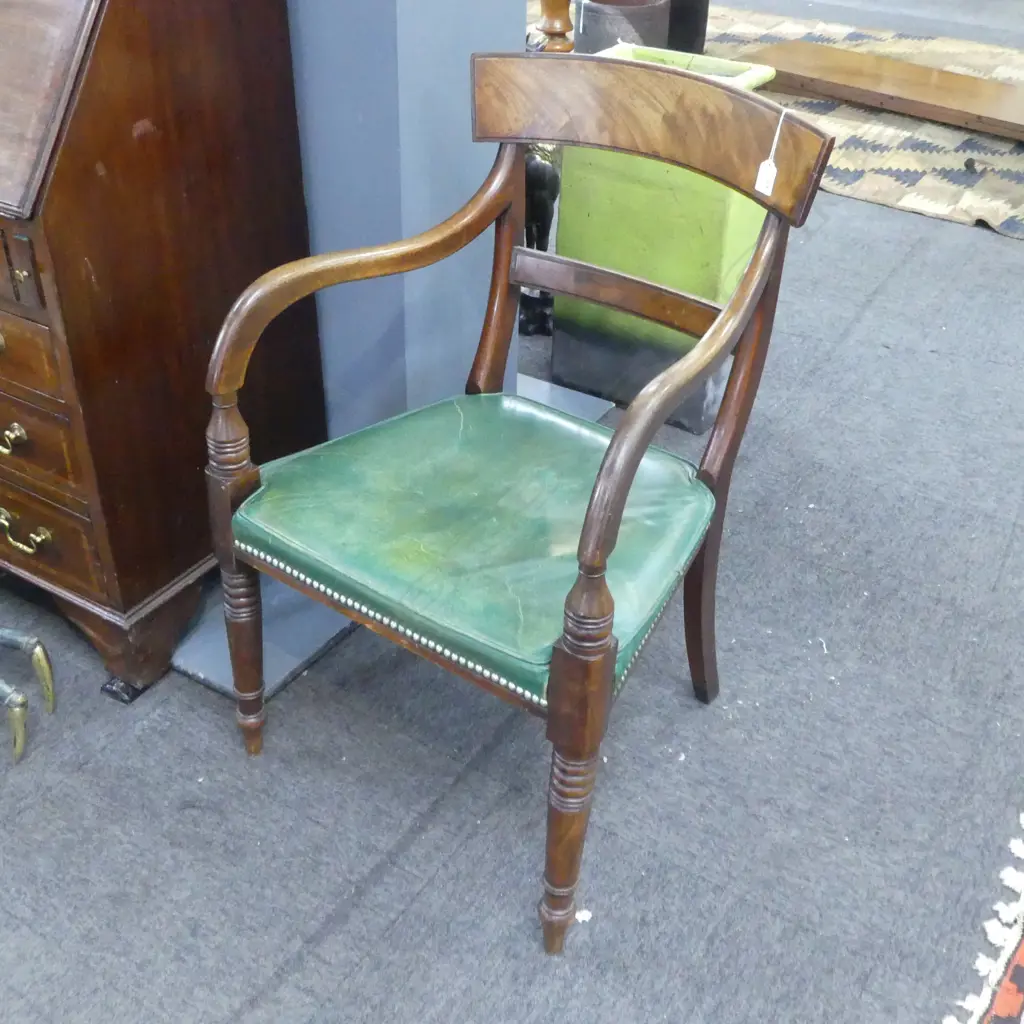 GEO.III MAHOGANY CARVER ARM CHAIR green leather seat Image 1++