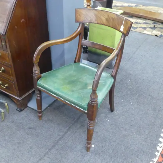GEO.III MAHOGANY CARVER ARM CHAIR green leather seat