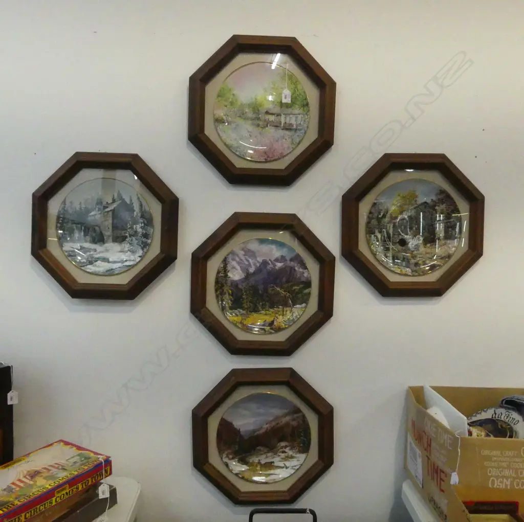 SET 5 OCTAGONAL FRAMED BONE CHINA PLATES: R/Doulton 'Garden of Tranquility' + 4 'Canadian Collector's Plates'   Image 1++