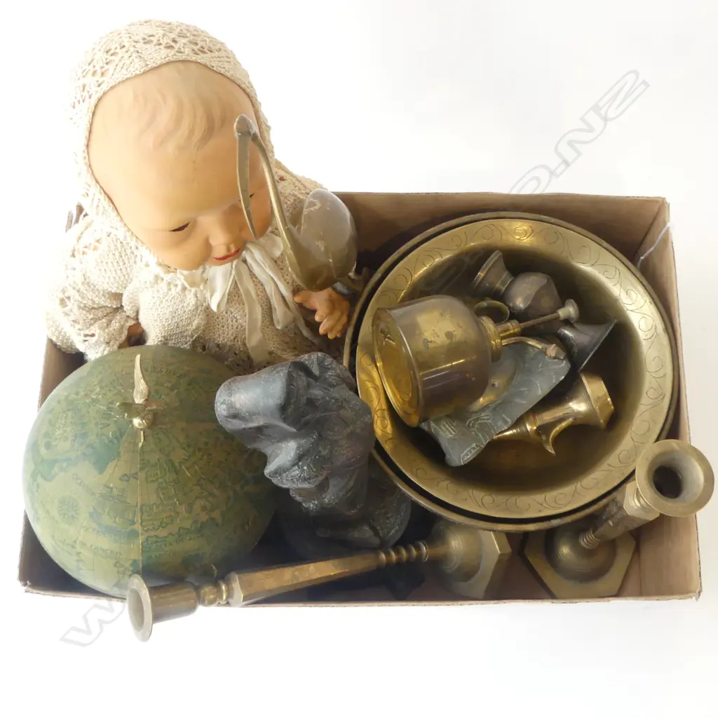 BOX VINTAGE COLLECTBLES; DOLL, GLOBE DECANTER SET, METAL STATUE OF KNIGHT & ASST. BRASS Image 1++