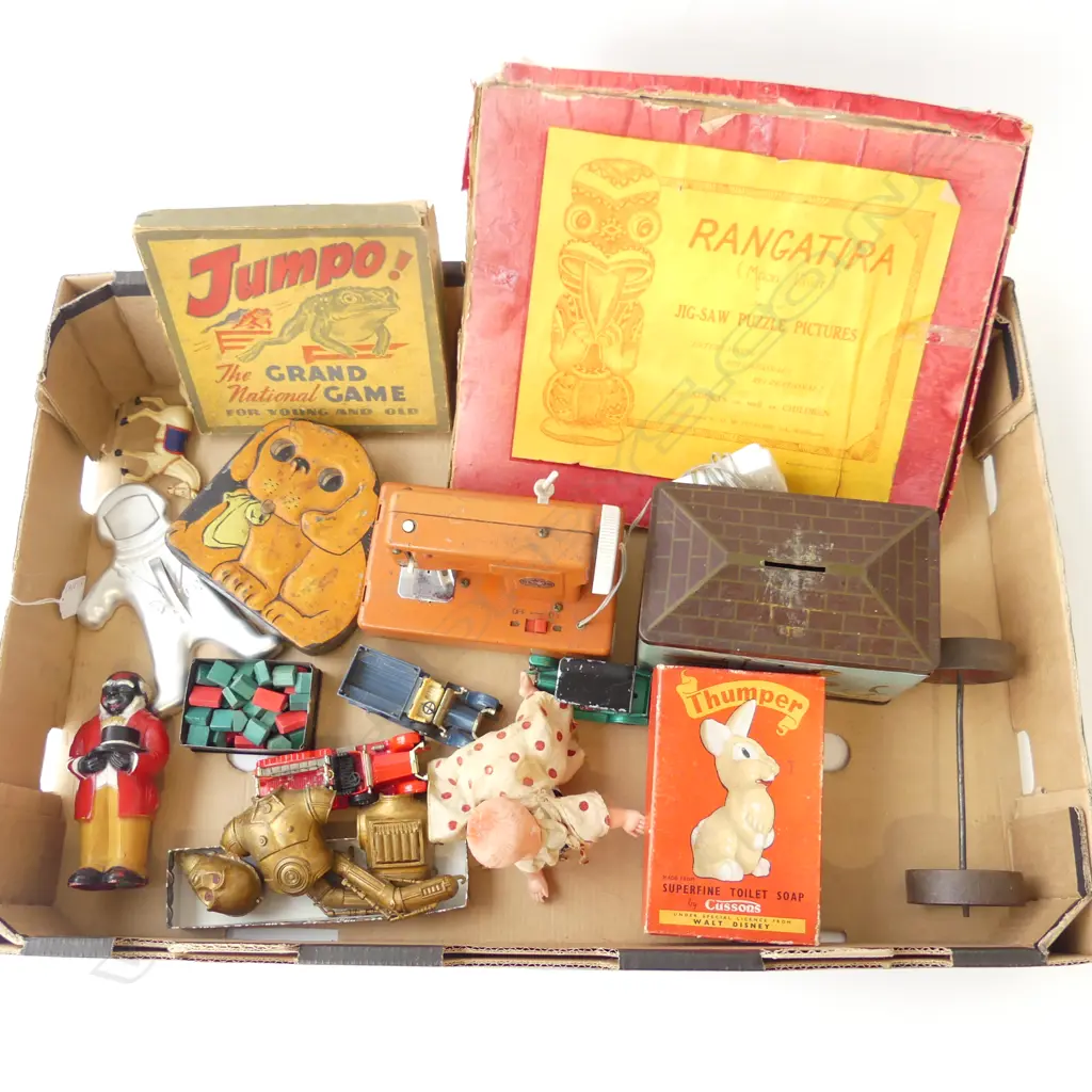 VINTAGE TOYS – RANGATIRA PUZZLE, ‘JUMPO’ FROG GAME, DISNEY THUMPER, SEWING MACHINE, MATCHBOX CARS, CLOCKWORK DOLL ETC Image 1++