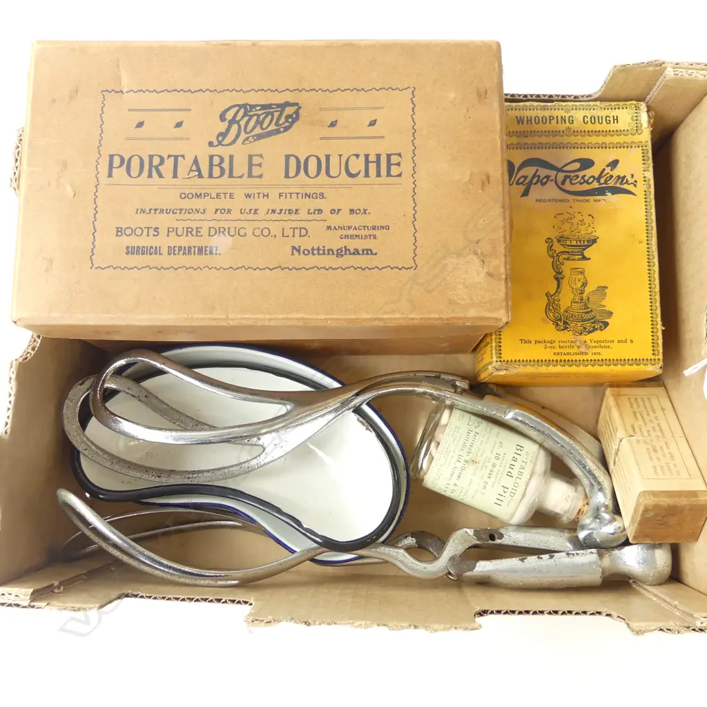 BOX – MEDICAL ITEMS INCL. VAPORIZER, DOUCHE, ENAMELWARE, 2 PAIRS FORCEPS ETC Image 1++