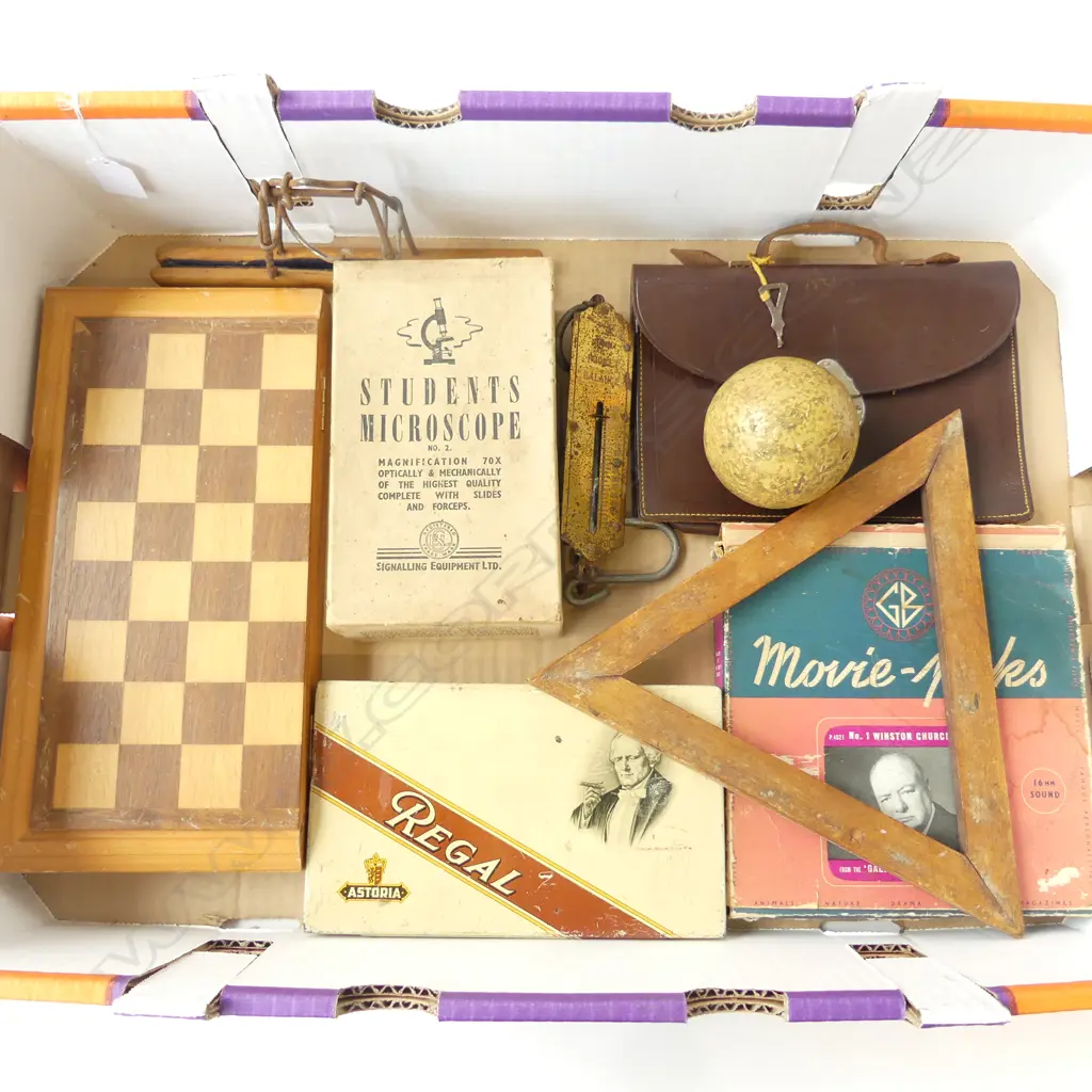 BOX – CHESS BOARD, MICROSCOPE, SCALES, CRIBBAGE BOARD, LEATHER CASE, CHURCHILL FILM ETC Image 1++