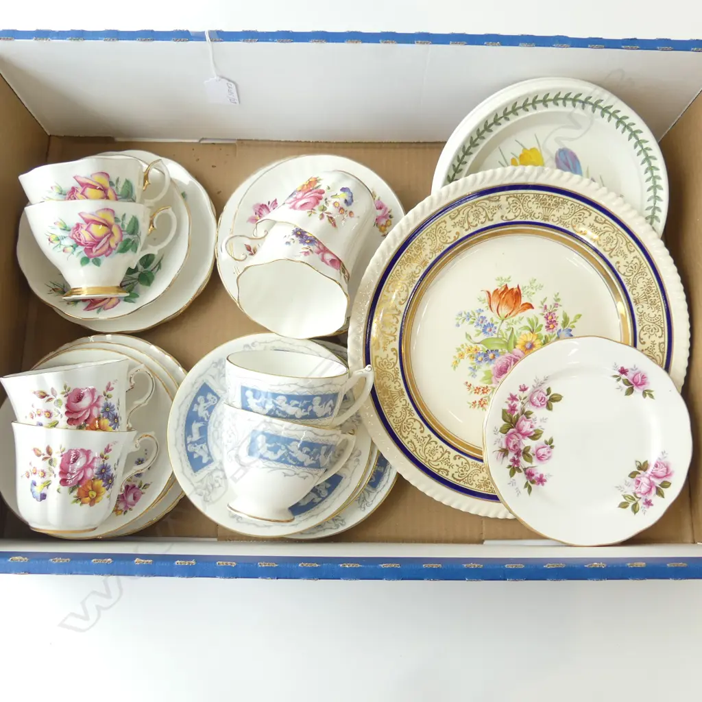 BOX OF CHINA – INCL. 8 CUP, SAUCER & PLATE SETS COALPORT, ROYAL ALBERT ETC, AND OTHER ASST. PLATES Image 1++