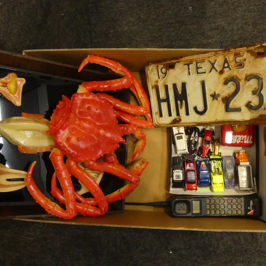 ASST. COLLECTABLES, 1973 TEXAS NO. PLATE, VINTAGE PLASTIC CRAB, FRAMED DENTIST TOOTH DECAYMODEL, TOYS, BRICK PHONE Image 1++