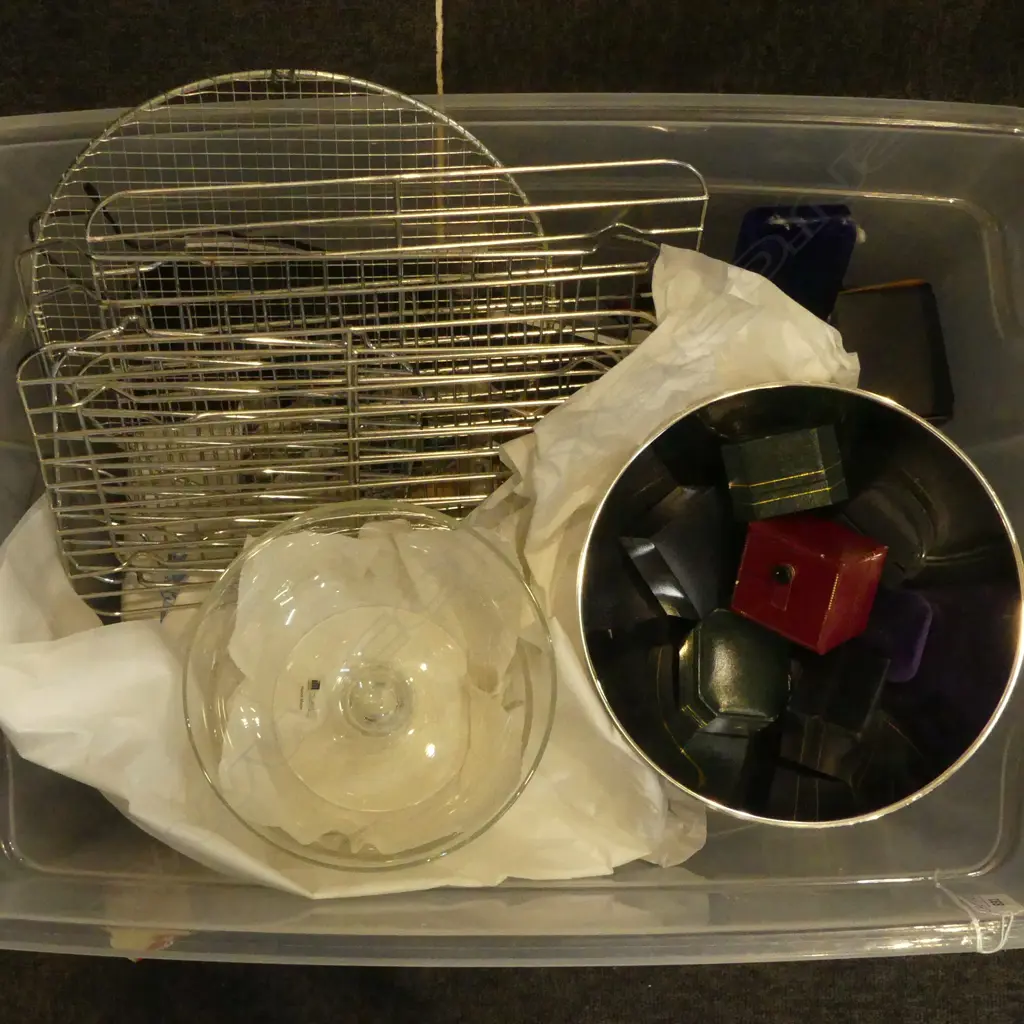 BOX OF KITCHENELIA: crystal & glass bowls + Uniden phones + stainless trays + scales + jewel boxes etc Image 1++