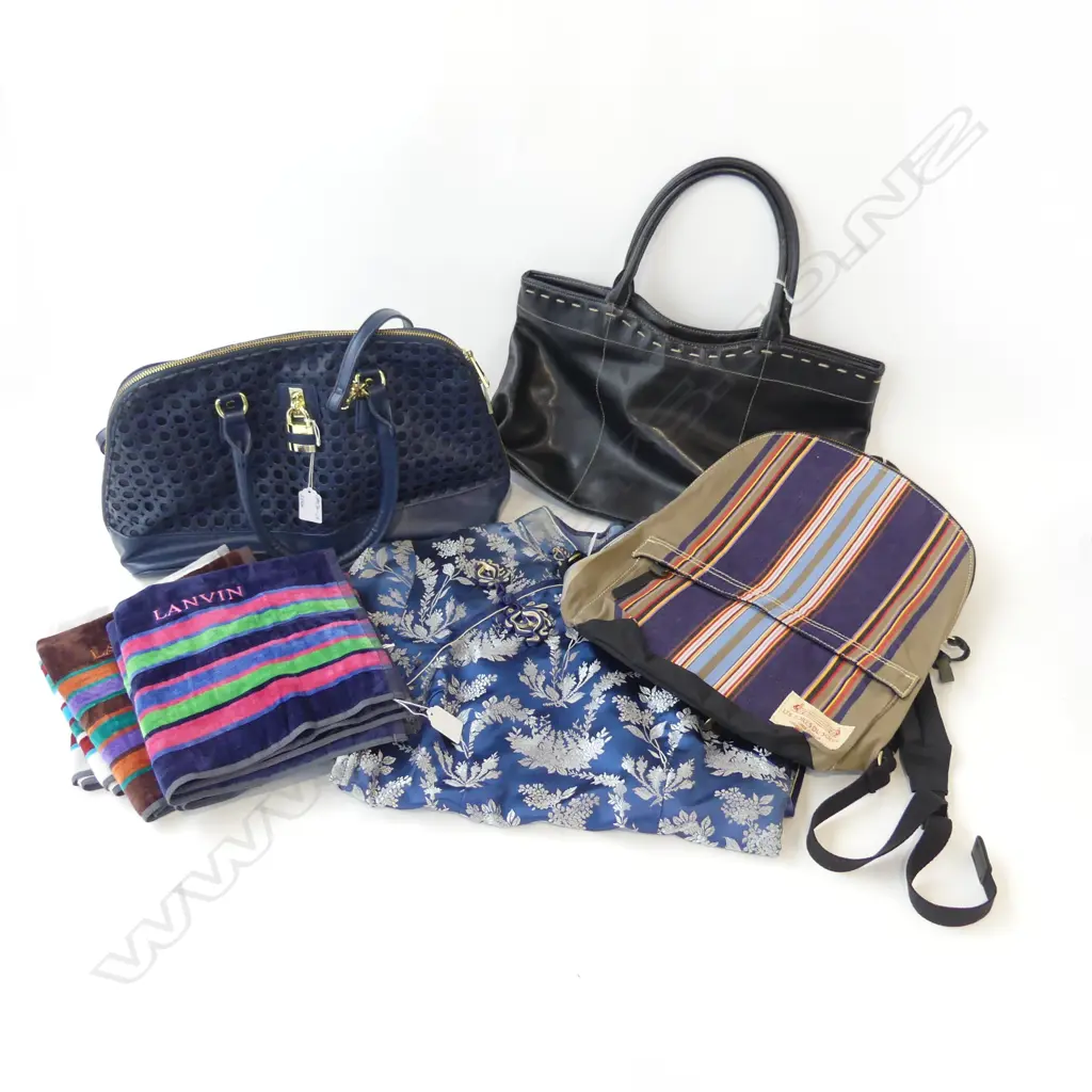 2 LADIES HANDBAGS/ FRENCH BACKPACK/ 5 LANVIN PARIS SM HANDTOWELS & CHINESE CHEONGSAM SZ SM Image 1++
