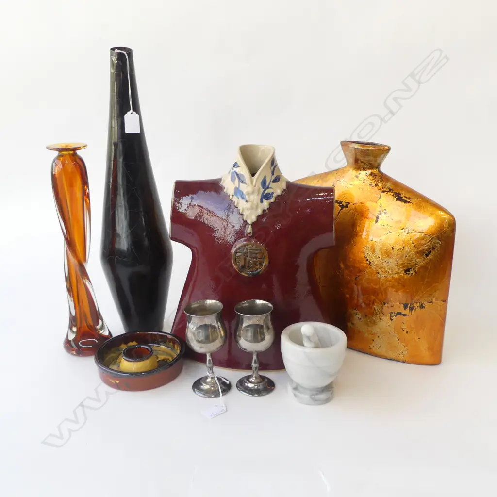 8 PCES; 4 LG VASES (1 ART GLASS H.365mm), MORTAR & PESTLE, 2 EP GOBLETS, CERAMIC DISH 150mm dia Image 1++