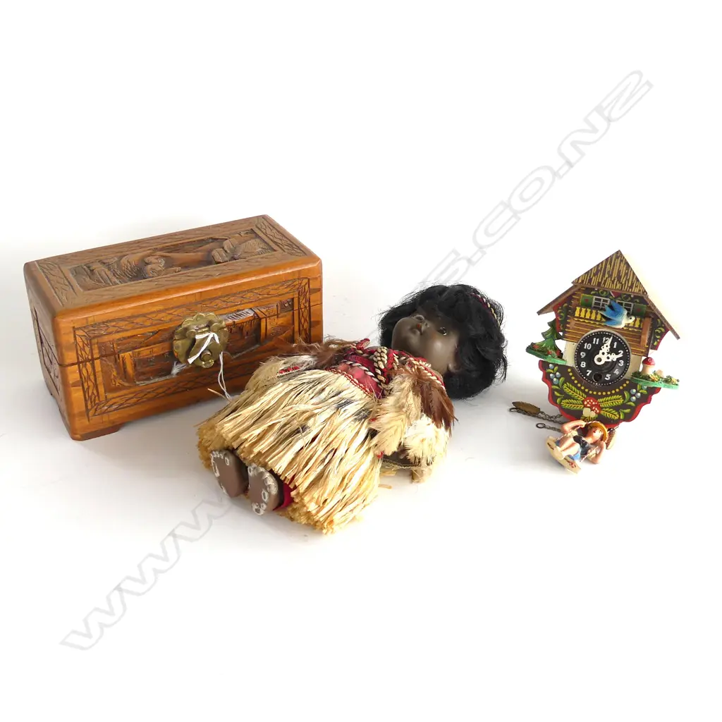 3 PC; CARVED CAMPHOR JEWELLERY BOX, VINTAGE MAORI DOLL & VINTAGE COCKOO CLOCK w GIRL ON SWING Image 1++