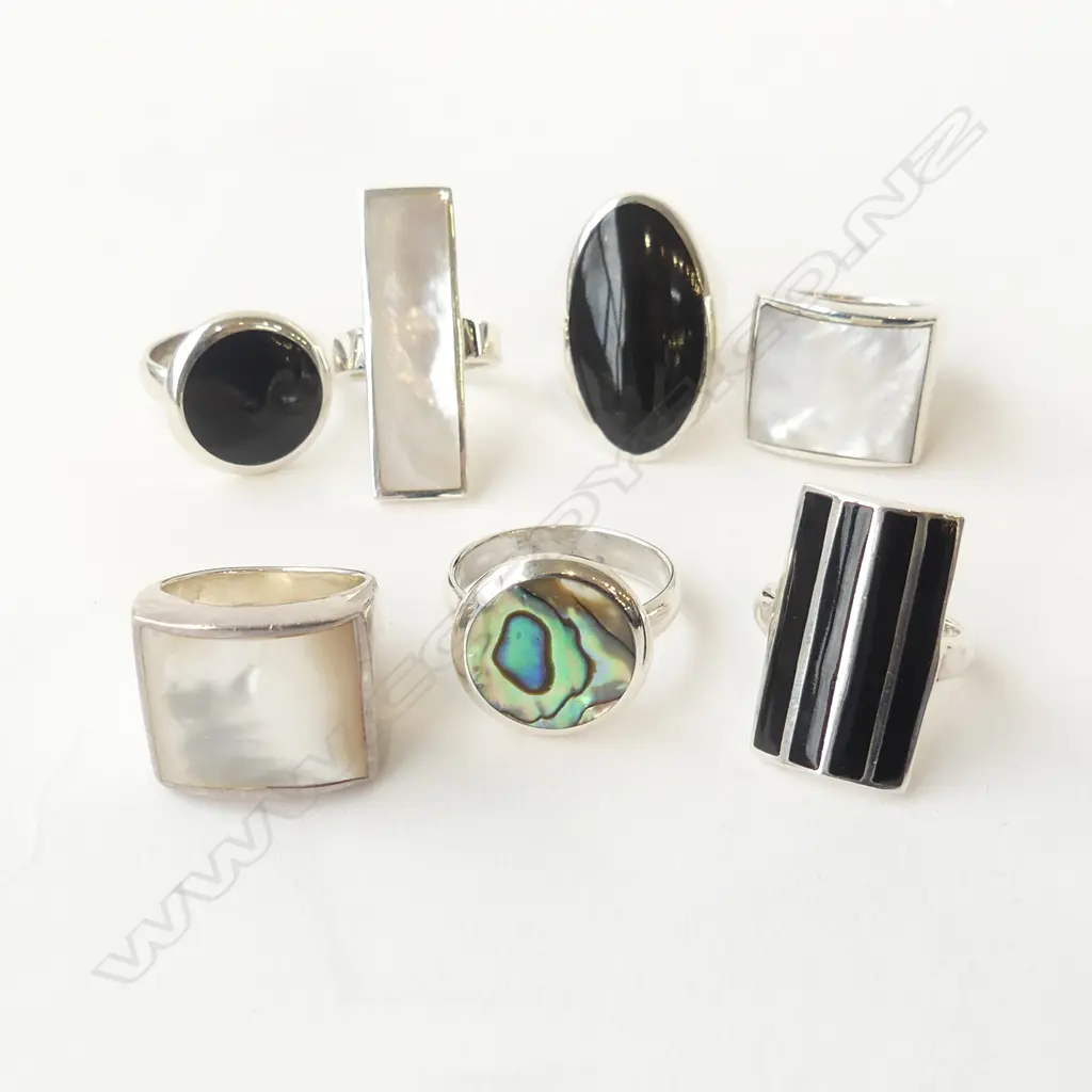 7 SILVER & MOP, PAUA ,ONYX SET DRESS RINGS  new old stock Image 1++