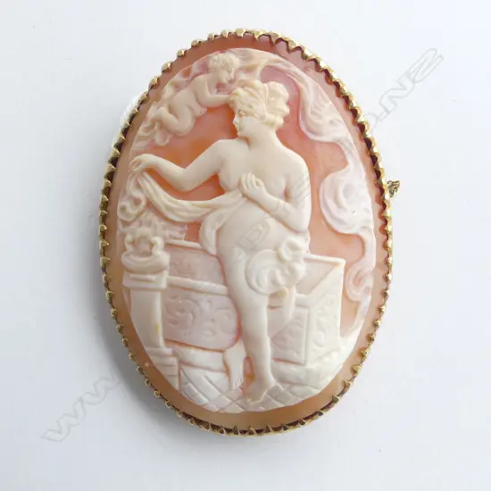 LG 9CT CAMEO BROOCH 60x45mm 25.5gms w. VALUATION