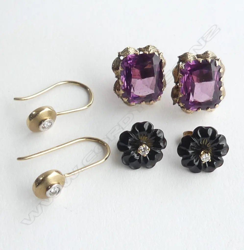 3 PRS EARRINGS: 2 9CT  1x w diamonds/black flower  & 1x w CZ + 1 pr gold plate w amethysts? Image 1++
