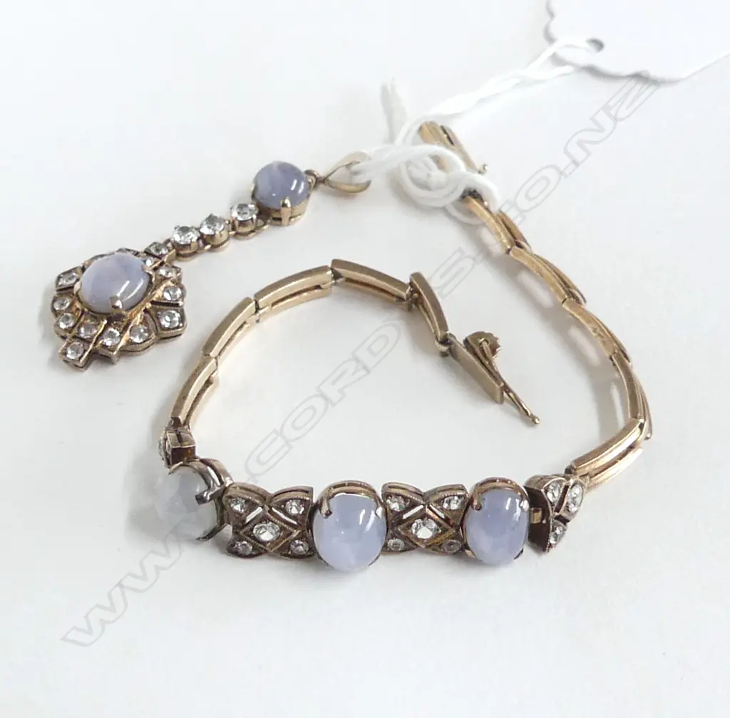 early 20thC 9ct ROSE GOLD MOONSTONE & PASTE BRACELET + matching PENDANT 14.7gms Image 1++