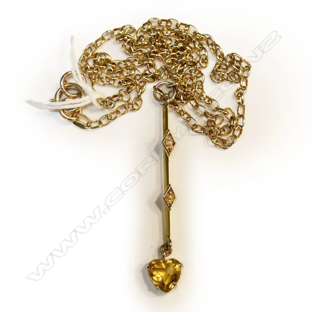 9CT GOLD CITRINE HEART PENDANT WITH SEED PEARLS Image 1++