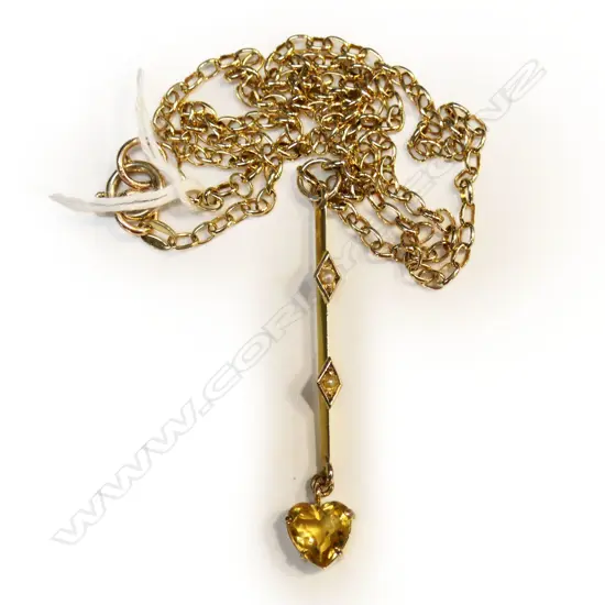9CT GOLD CITRINE HEART PENDANT WITH SEED PEARLS