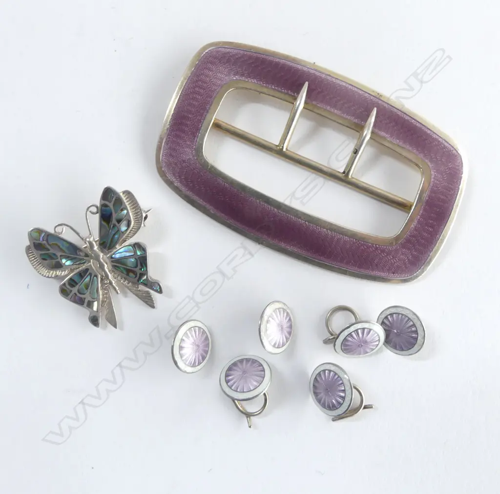STG & ENAMEL BUCKLE 75x45mm & 6 BUTTONS 42gms + BUTTERFLY BROOCH Image 1++