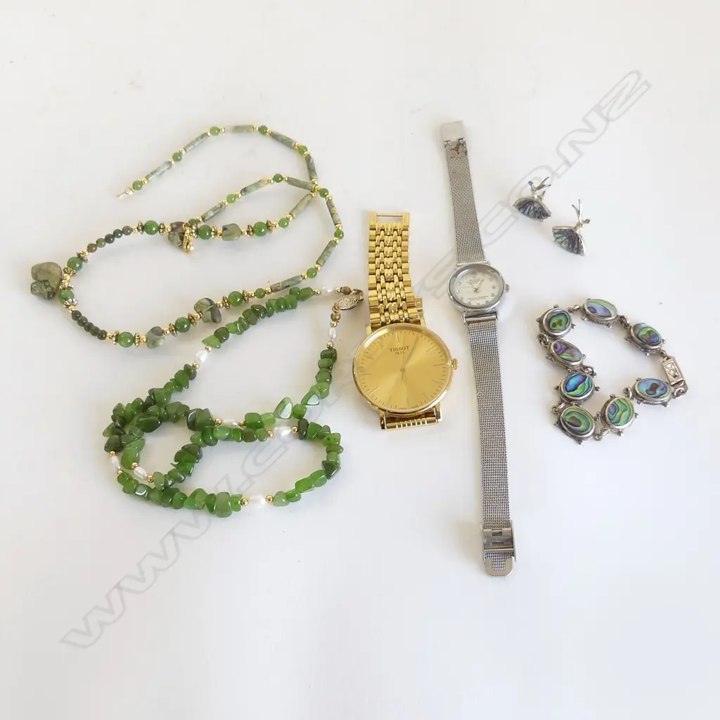 ASST. JEWELLERY; 2 WATCHES, 2 GREEN STONE NECKLACES, STG & PAU BRACELET & EARRINGS Image 1++
