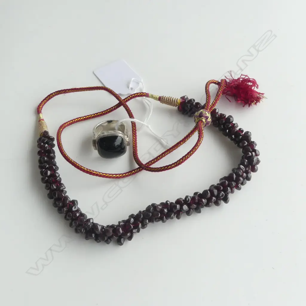 GARNET NECKLACE + SILVER & ONYX RING Image 1++