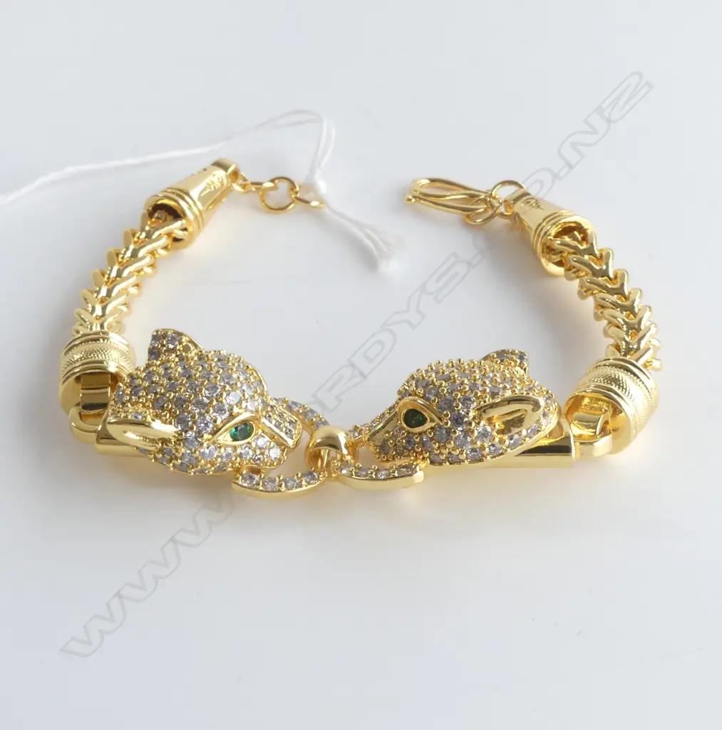 COSTUME CHEETAH HEAD GOLD TONE & DIAMANTE BRACELET Image 1++