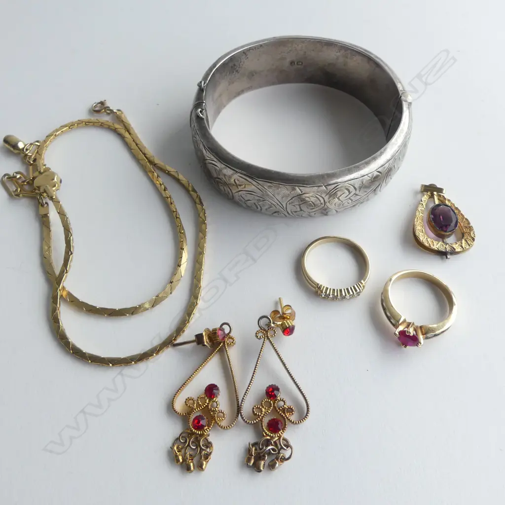 SILVER BANGLE faulted + GILT & GEM NECKLACE & PR EARRINGS Image 1++