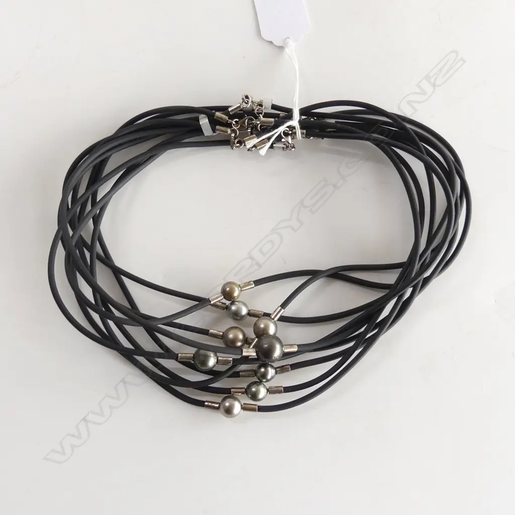 9 BLACK PEARL NECKLACES, NEW ON BLACK RUBBER CORDS Image 1++