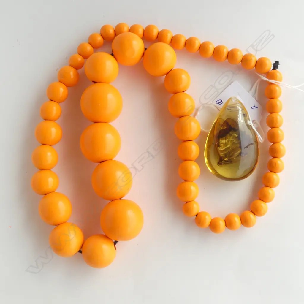 2 PC; ORANGE AFRICAN BEADS & FOSSILISED BUTTERFLY PENDANT Image 1++
