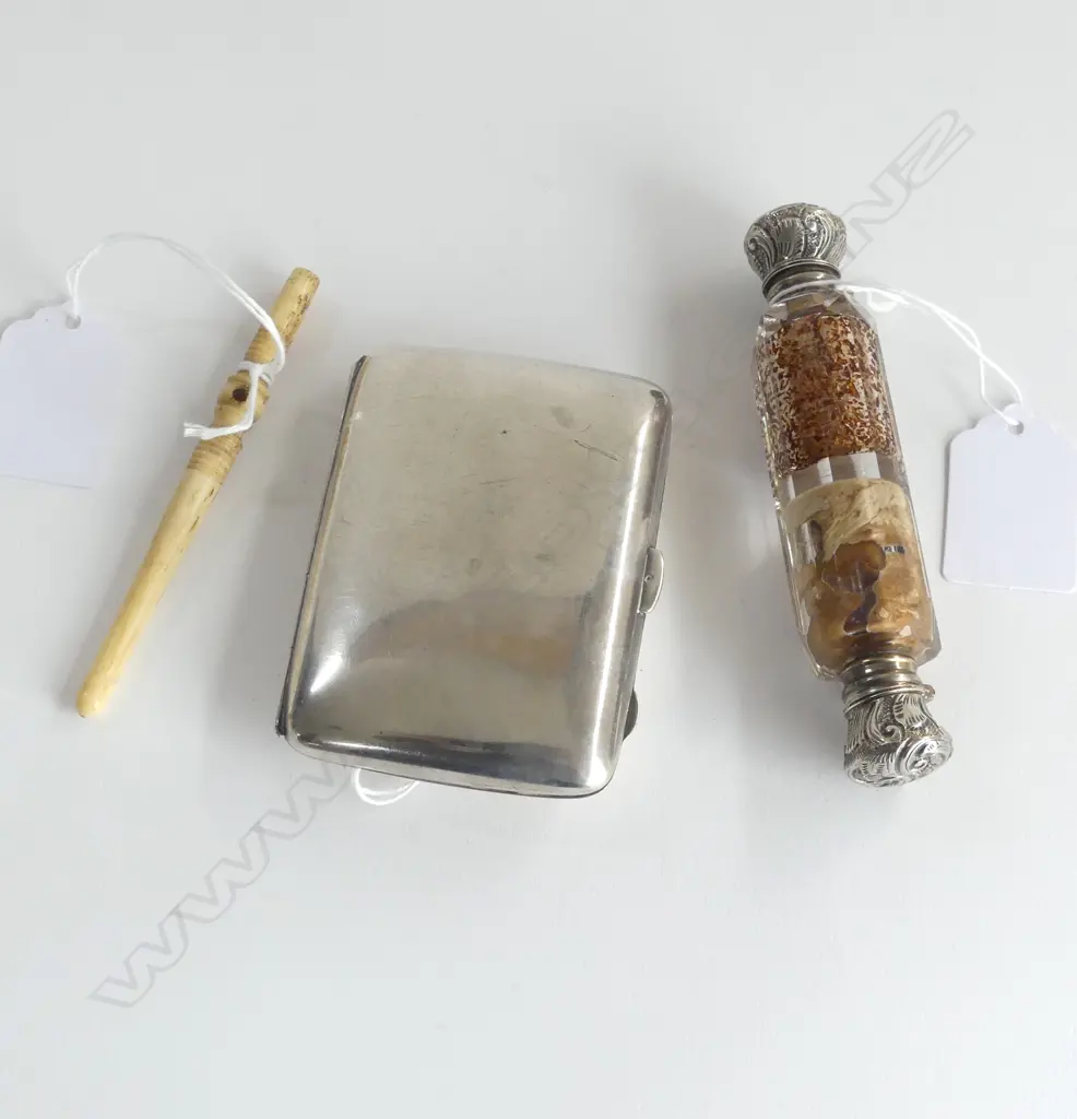 SILVER MONOGRAMMED CIGARETTE CASE BIRMINGHAM 1919 William Devenport, 80gm, BONE STANHOPE & SILVER ENDED PERFUME BOTTLE Image 1++