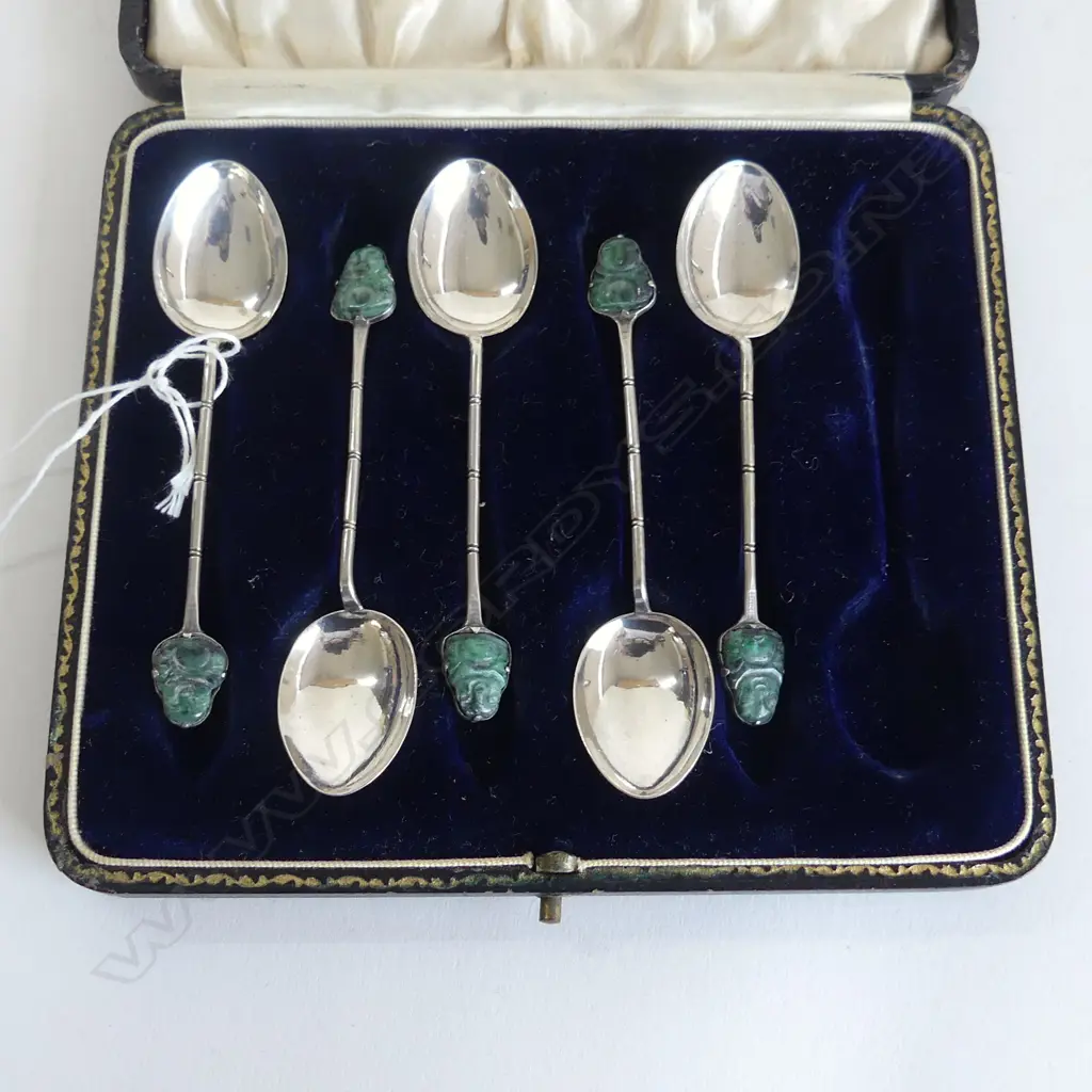 5 CHINESE STG SILVER & JADE BUDHA TEASPOONS STAMPED ‘90 SILVER’ WITH CHINESE STAMP Image 1++