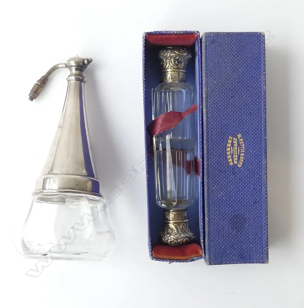 TWO PERFUMES – ANTIQUE DOUBLE ENDED PERFUME IN BOX (HINGE DETACHED) & STG SILVER COMBINATION TRINKET BOX PERFUME (ATOMIS Image 1++