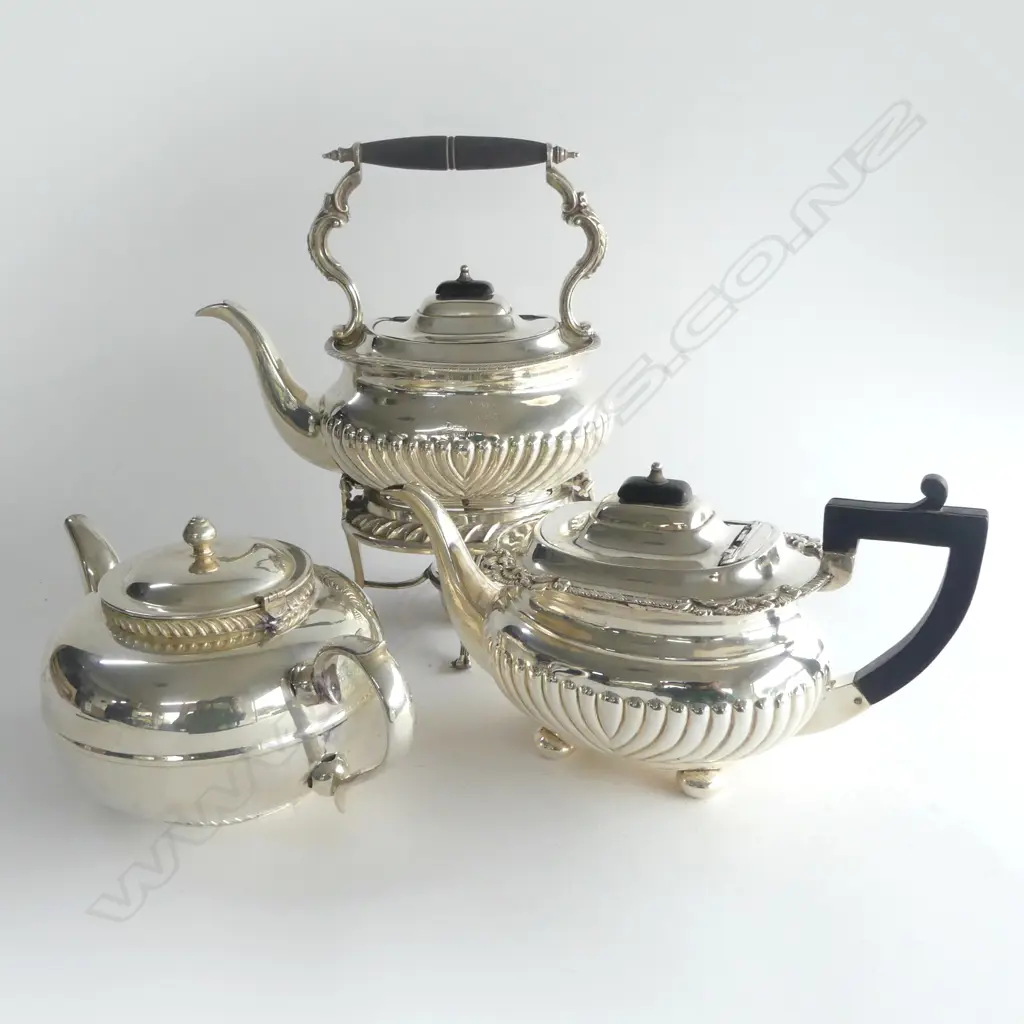 EPNS SPIRIT KETTLE inscribed to Sister Annie Dunedin 1910 & 2 EPNS TEAPOTS Image 1++