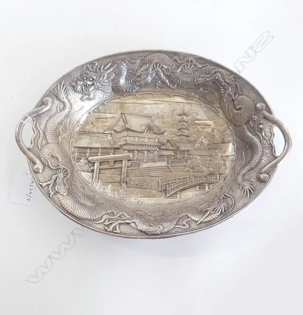 VINTAGE JAPANESE SILVERED EMBOSSED DRAGON & TEMPLE DISH STAMPED TO REVERSE, L.265MM Image 1++