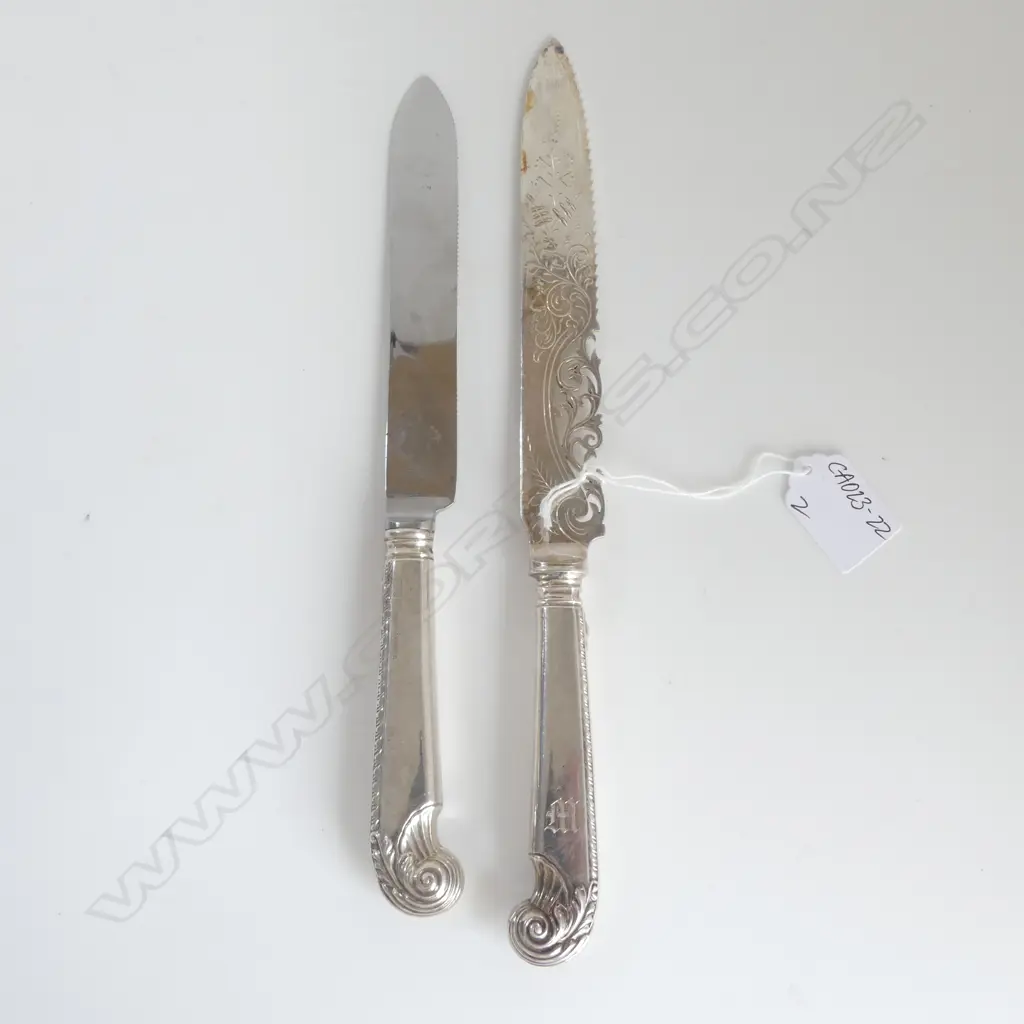 2 CANADIAN BIRKS STERLING HANDLED BREAD KNIVES pistol grip type stainless blades 1 engraved Image 1++